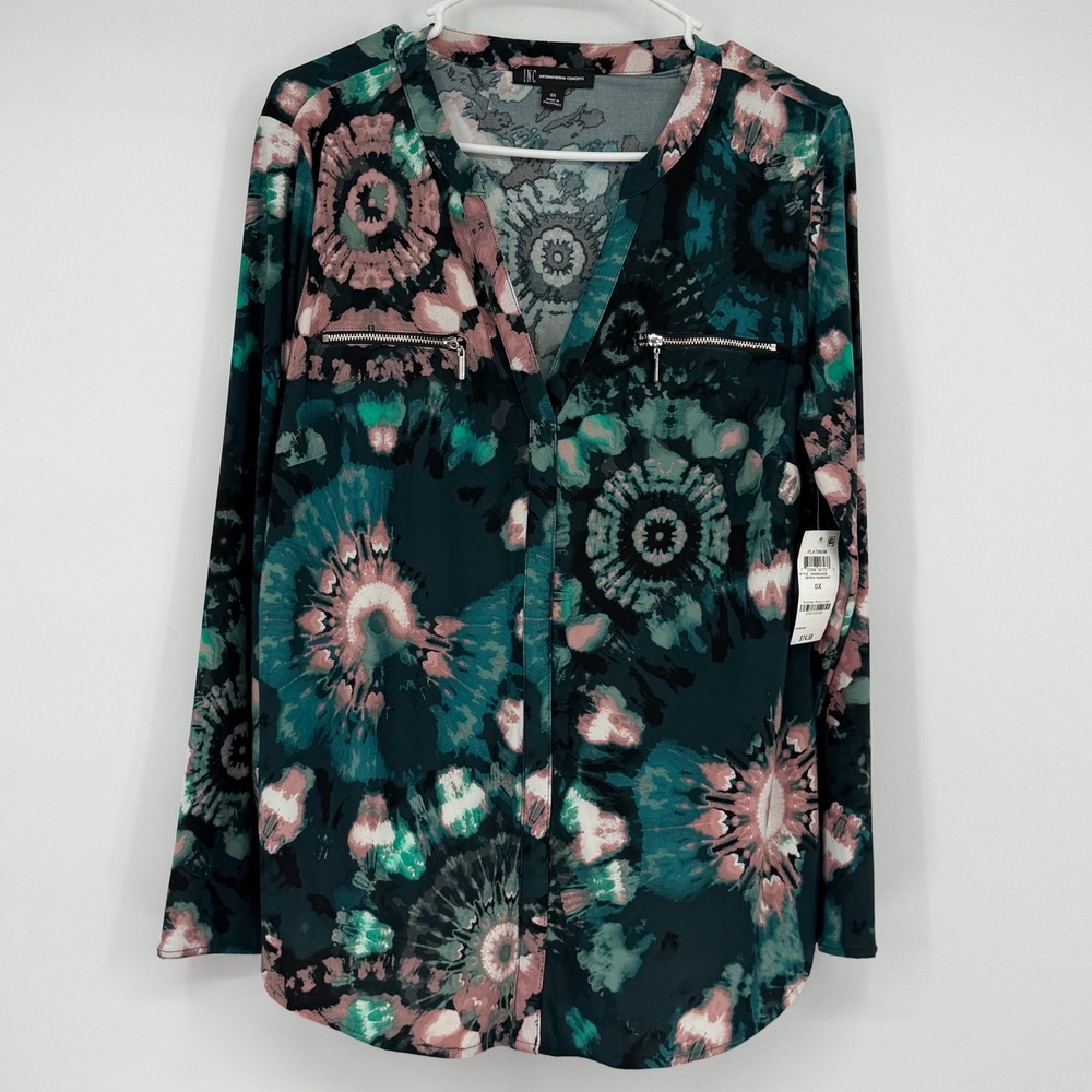 INC International Concepts Sierra Sunburst Top 0X Blue Pink Tie Dye Blouse